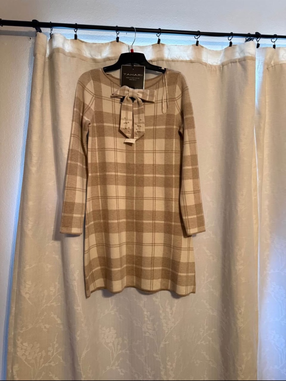 Tahari Neutral Plaid Bow-Neck Knit Dress